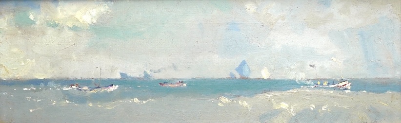 Geoffrey Chatten (b. 1938), Boats at sea, Impressionist oil on panel, inscribed verso, 17 x 40cm